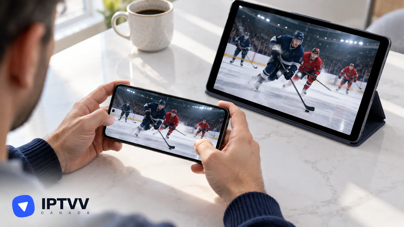 Hands holding an Android phone and tablet, both playing a hockey game