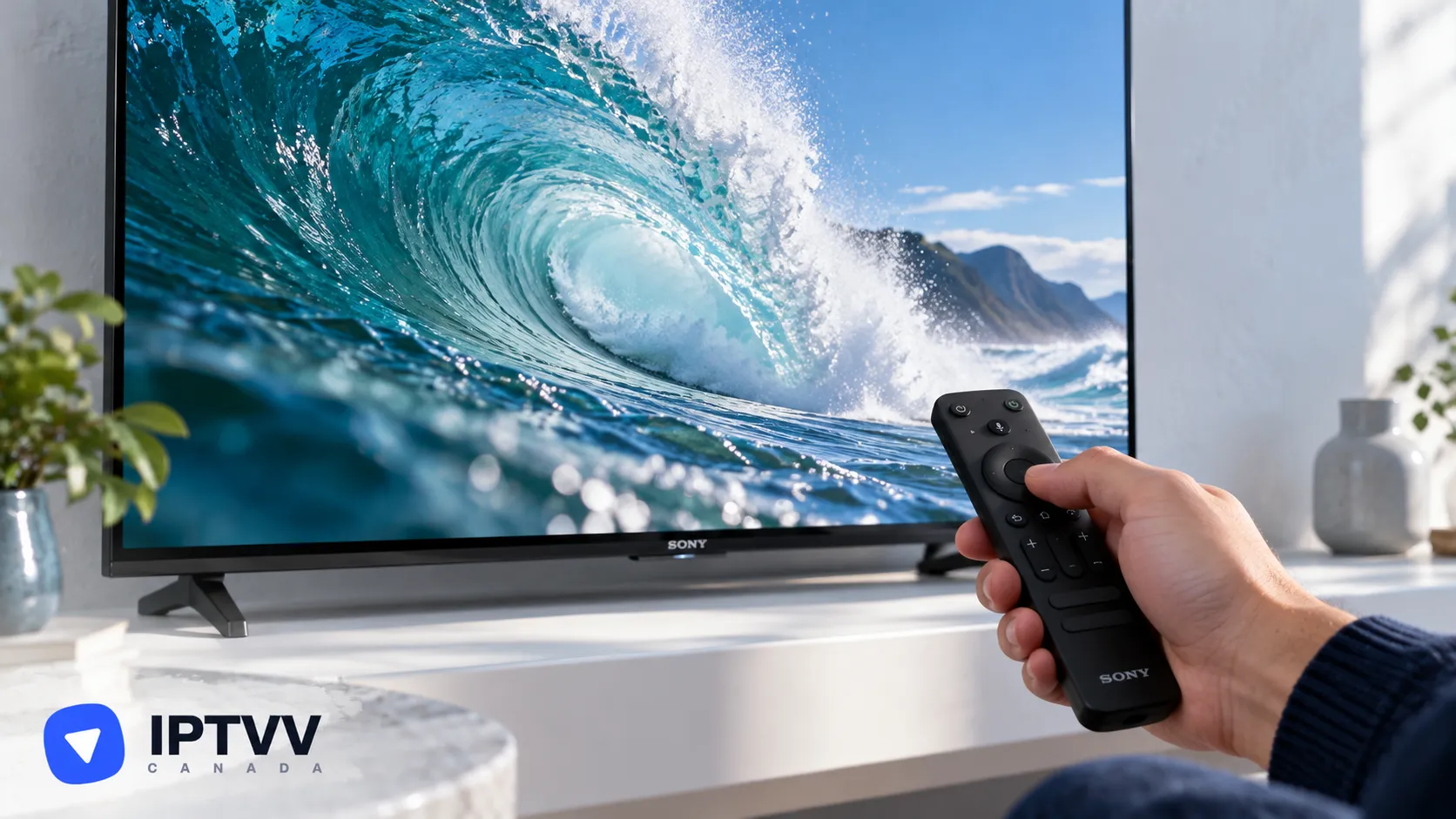 A hand holding a remote in front of an Android TV showing a breaking ocean wave