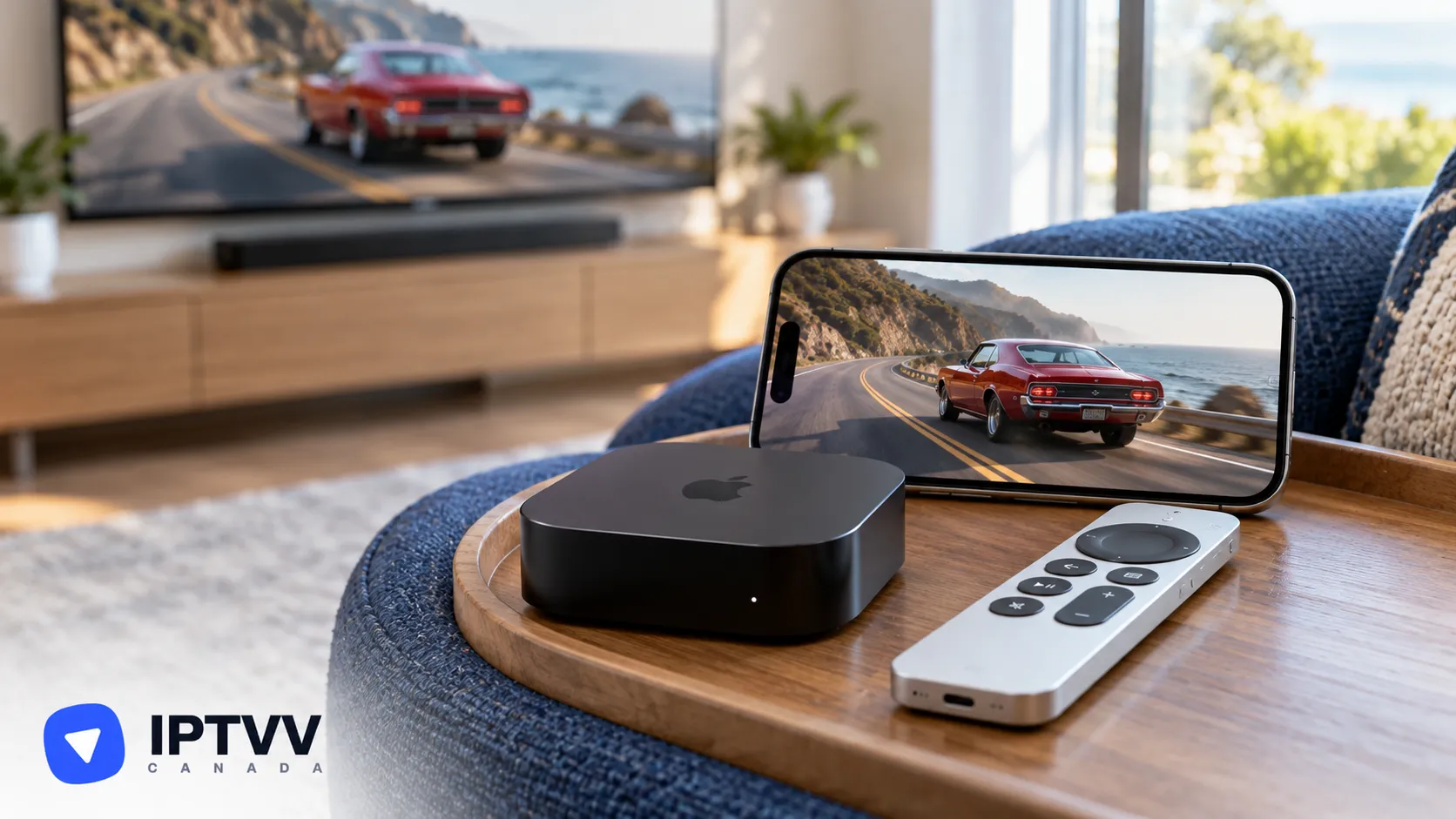 An Apple TV box, remote and iPhone on a coffee table, with a coastal drive on the TV