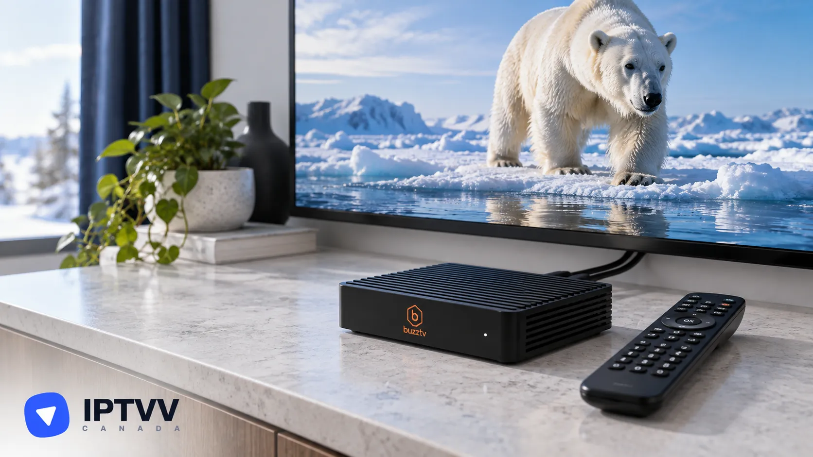 A BuzzTV box and remote under a TV showing a polar bear