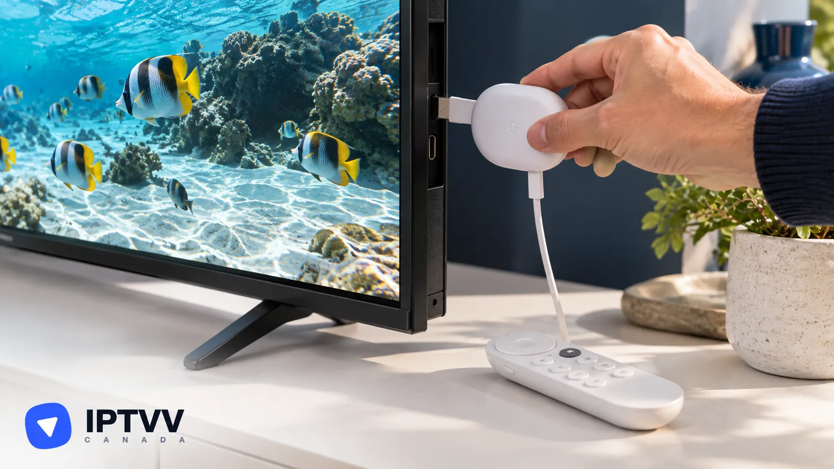 A Chromecast with Google TV being plugged into a TV showing tropical fish