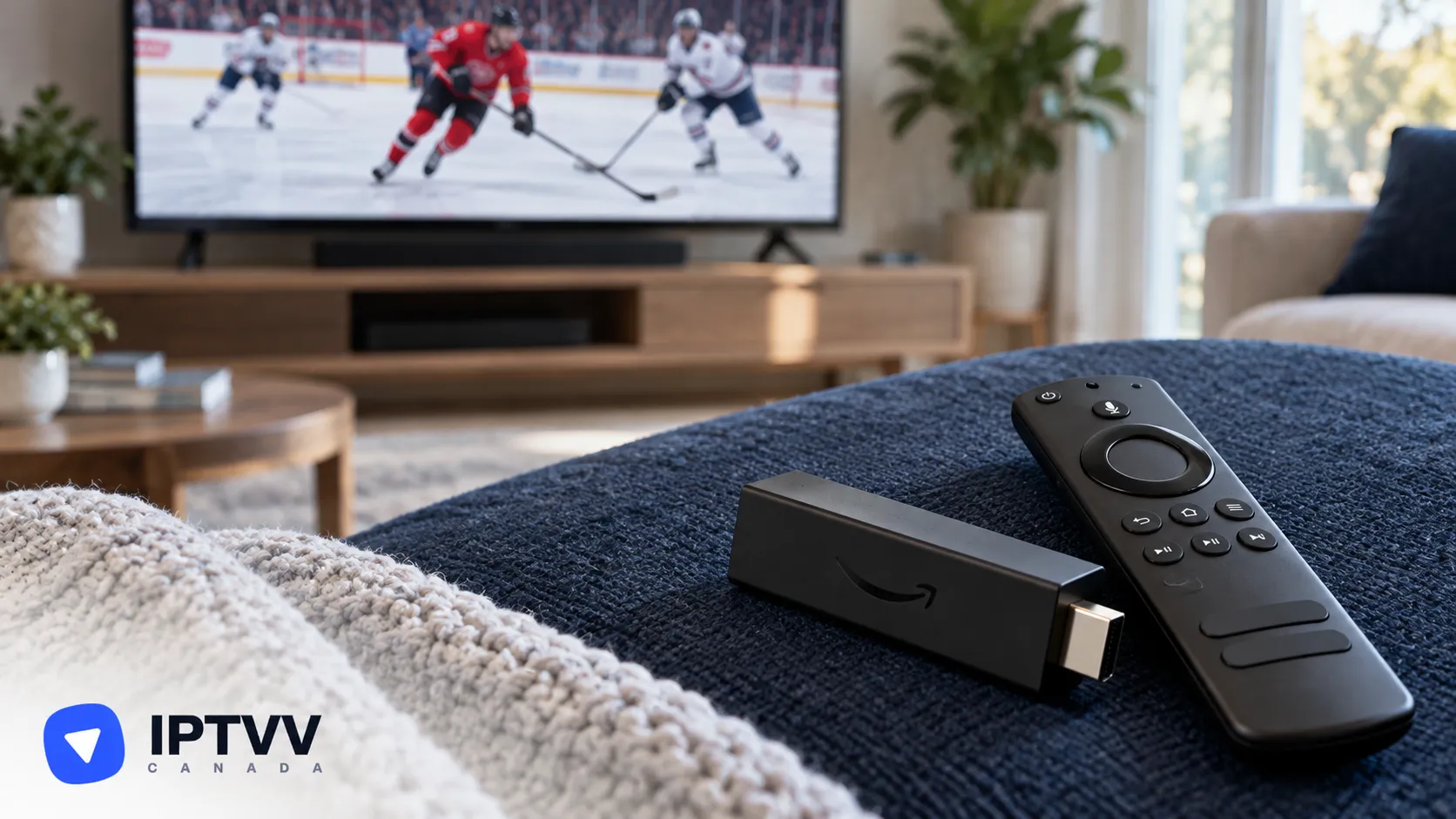 A Fire TV Stick and its remote on a sofa, with a hockey game on the TV