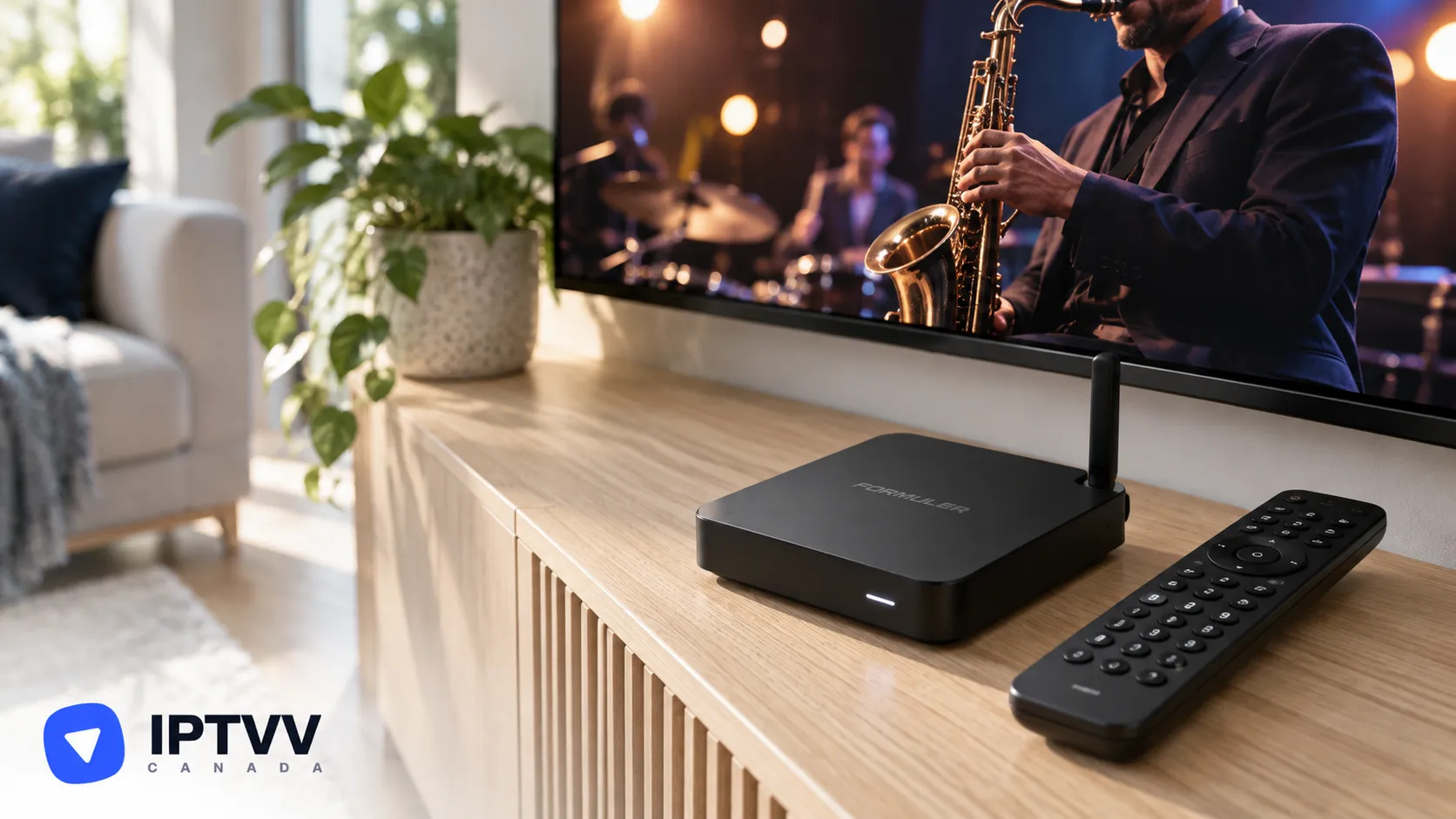 A Formuler box and remote under a TV showing a live jazz performance