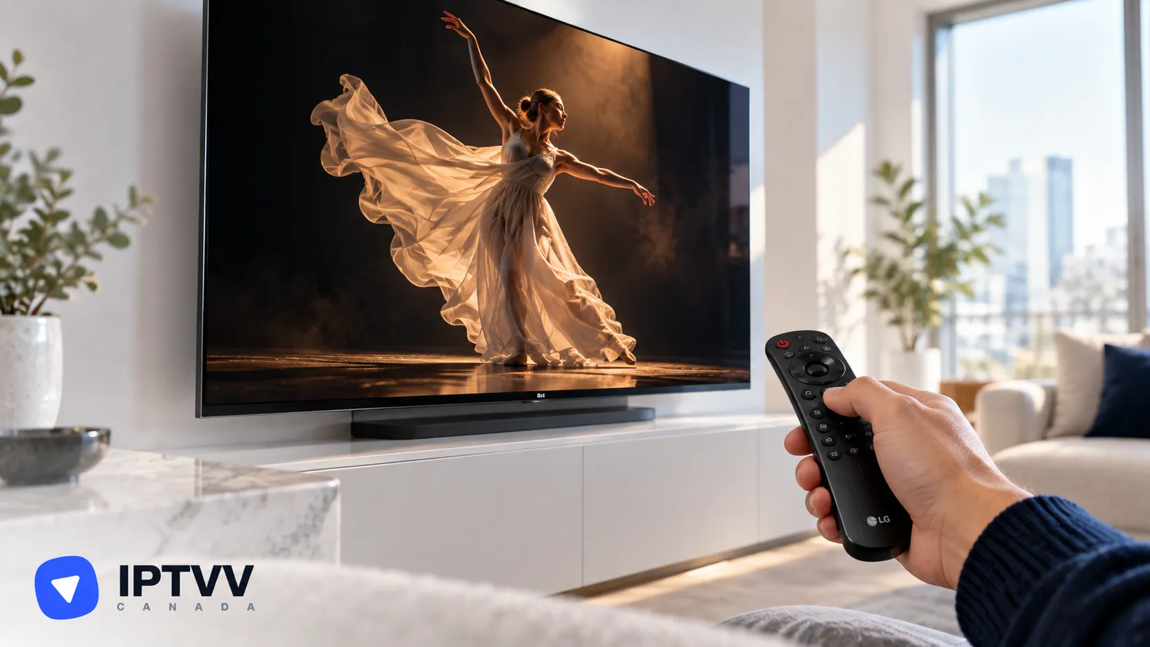 A remote pointed at an OLED TV showing a dancer in warm light