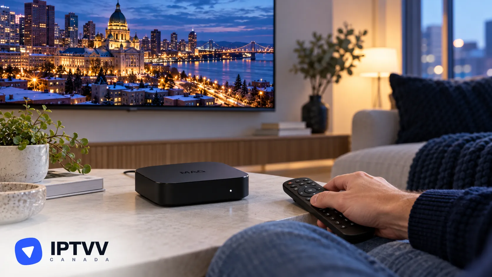 A hand on a MAG box remote, with a city skyline at night on the TV
