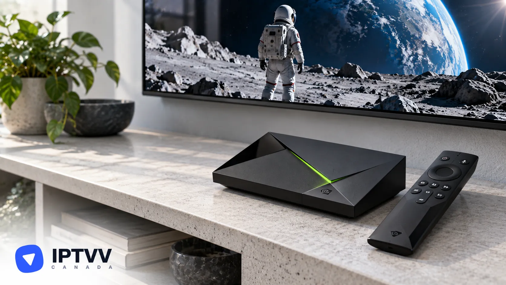 An Nvidia Shield box and remote in front of a TV showing an astronaut on the moon