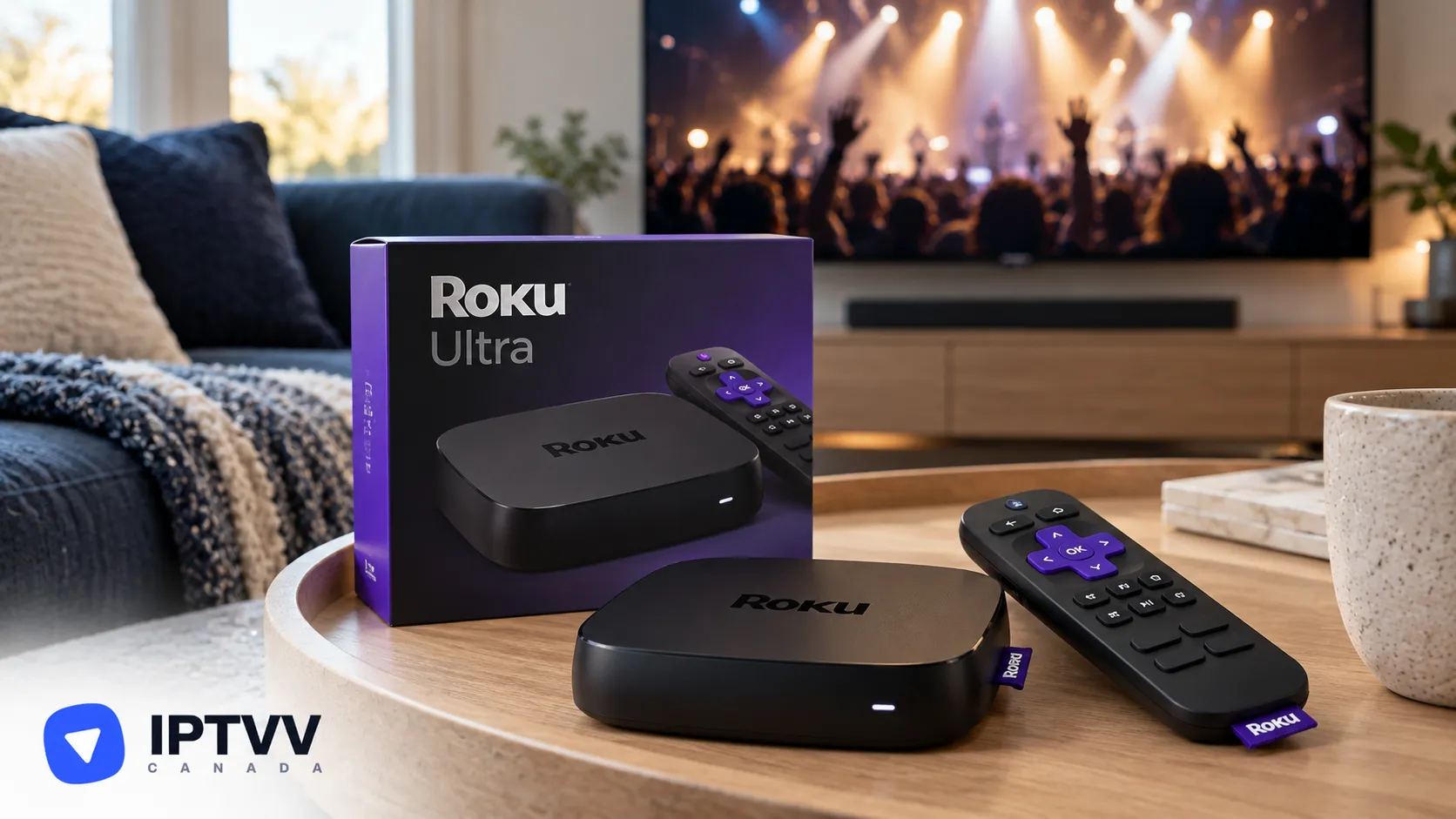 A Roku Ultra box and remote on a table, with a concert on the TV