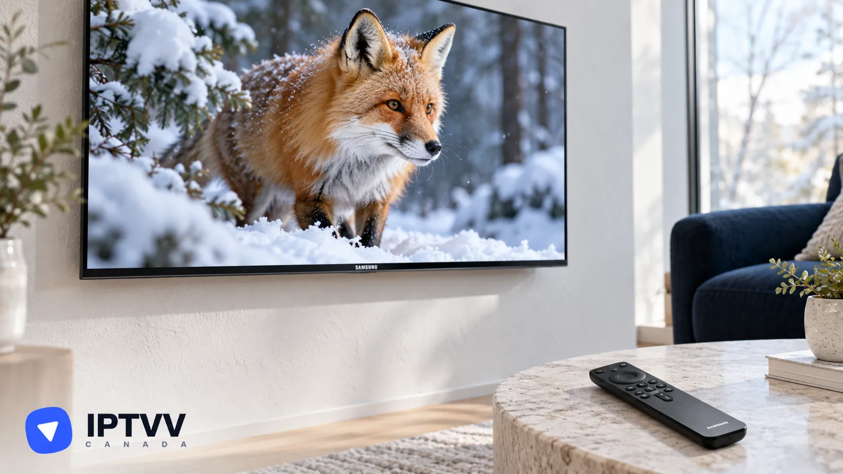 A Samsung smart TV showing a fox in a snowy forest, with its remote on a table