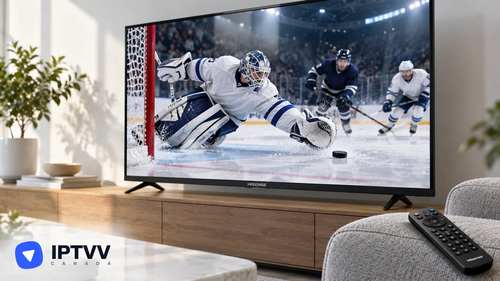 A Hisense TV showing a hockey game, with its remote on the table