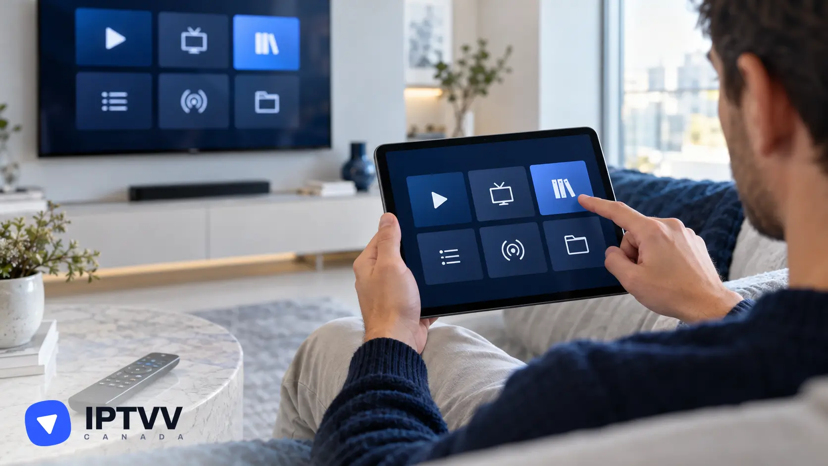 A hand tapping an IPTV player app on a tablet, with the same IPTV Canada app on the TV behind