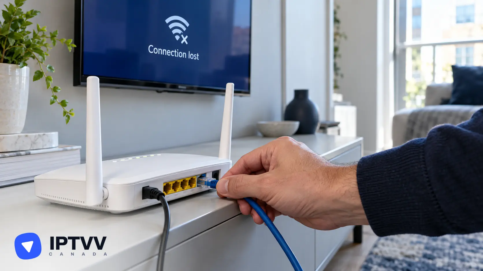 A hand plugging an Ethernet cable into a router to fix IPTV Canada buffering, the TV showing Connection lost