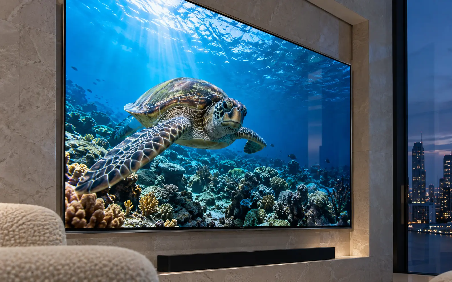 A sea turtle over a coral reef in sharp 4K detail on a wall-mounted TV streaming IPTV Canada