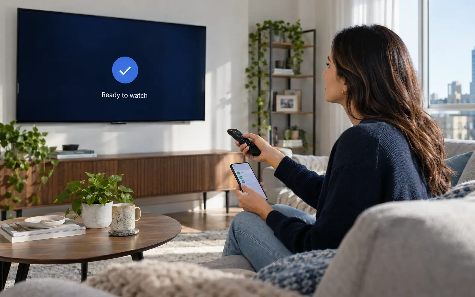 A woman setting up IPTV Canada on her TV with a phone, the screen showing Ready to watch