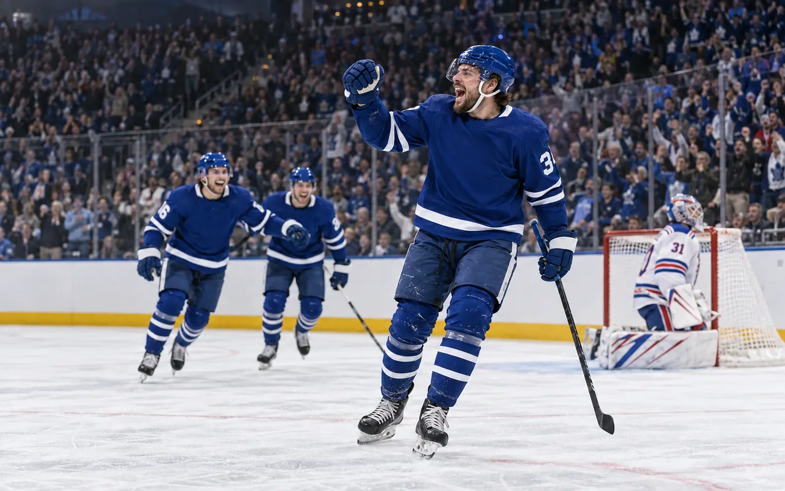 Hockey players celebrating a goal in a packed arena, live on IPTV Canada