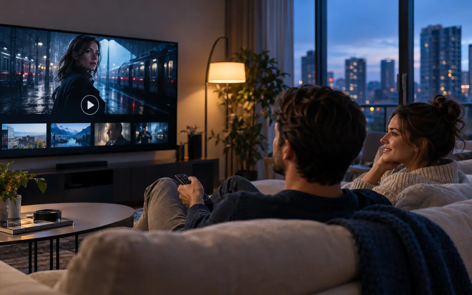 A couple on the sofa choosing a movie from the IPTV Canada on-demand library on their TV