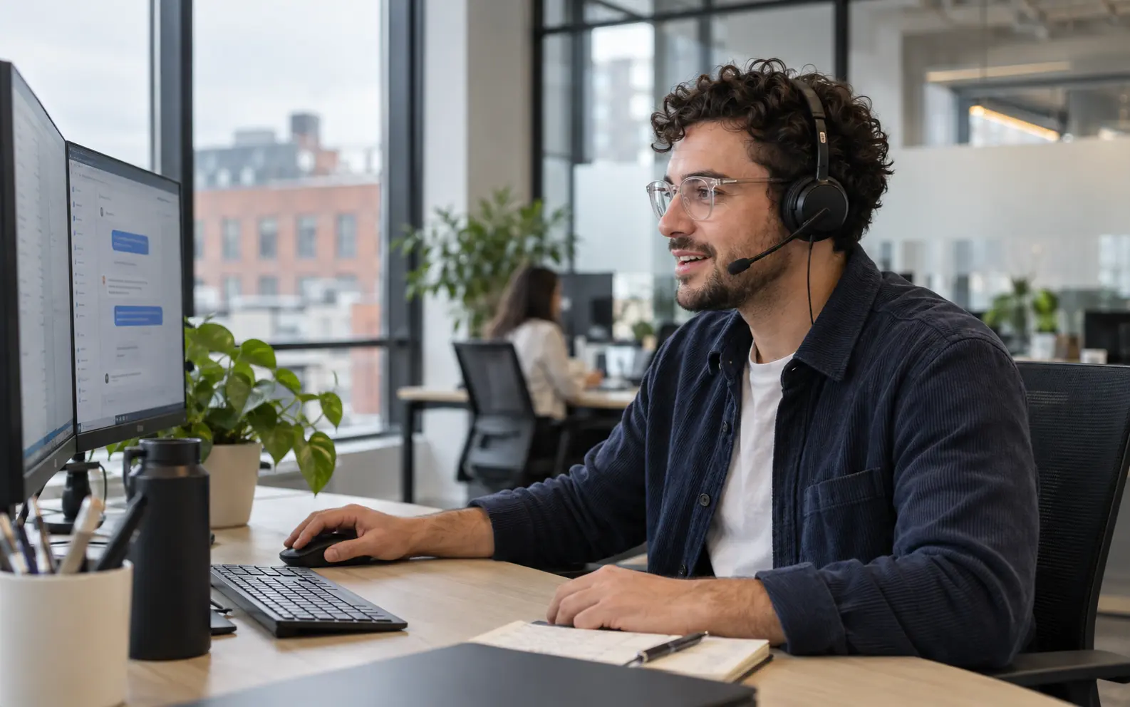 An IPTV Canada support agent with a headset answering a customer at a desk
