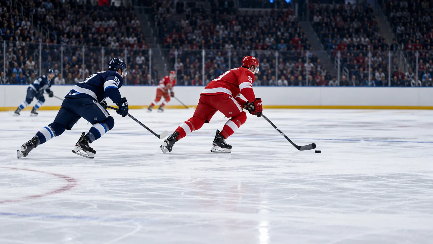 Live hockey game on IPTV Canada: two players race for the puck in a packed arena